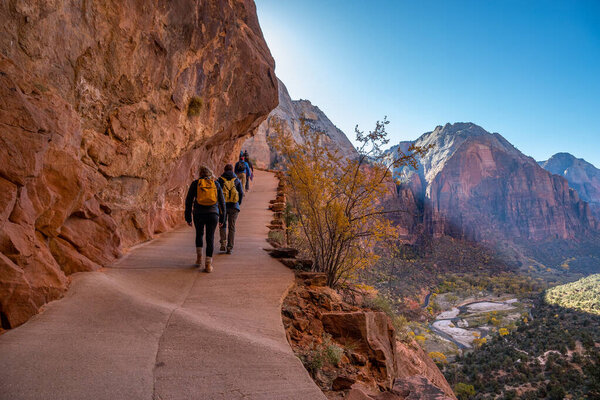 Adventurous individuals trek along the scenic trails of The West Rim Trail in Zion National Park, revealing breathtaking views of sandstone cliffs and the vibrant landscape below.
