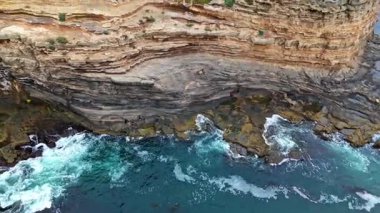 Los Angeles, Kaliforniya 'daki Point Fermin' in alçak hava manzarası, engebeli okyanus kayalıkları, çarpan dalgalar ve karamsar bulutlu kıyı manzarası