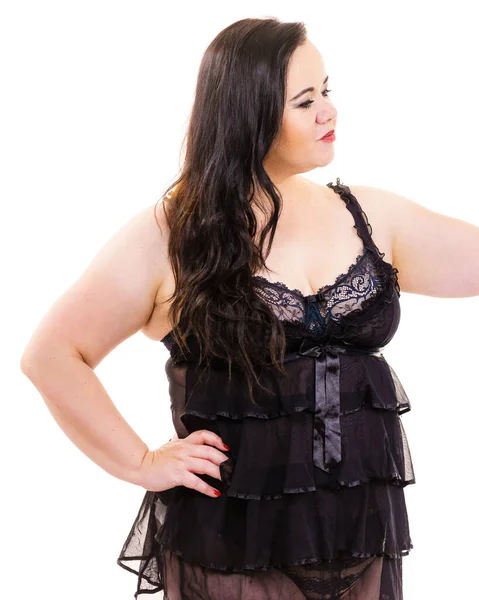 Adult Woman Wearing Sensual Black Tunic Nightwear Satin Sleepwear Lingerie — Stock Photo, Image