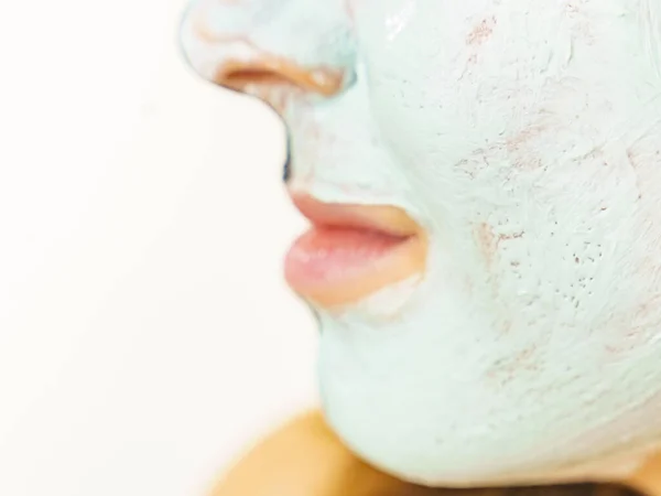 护肤女性使用绿色净化土面膜 化妆品治疗黏土的脸 使用刷子 美丽与健康 温泉和痤疮治疗 — 图库照片