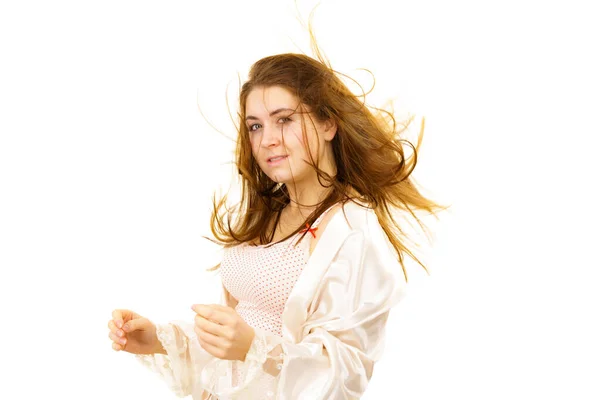 Молодая Женщина Нижнем Белье Лицо Макияжа Длинными Каштановыми Волосами Естественная — стоковое фото