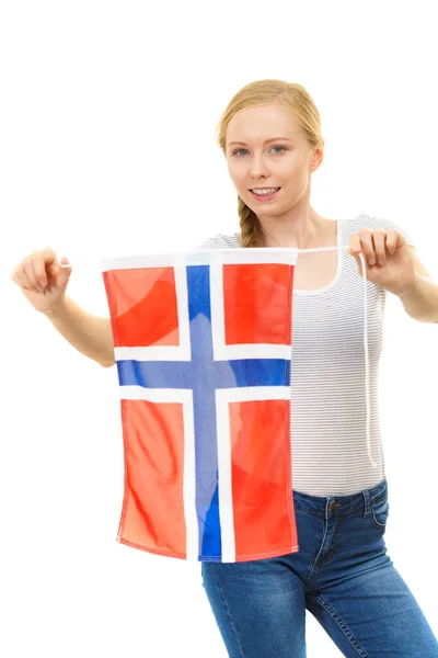Blonde Teenage Girl Holding Flag Norway Education Norwegian Language School — Stock Photo, Image