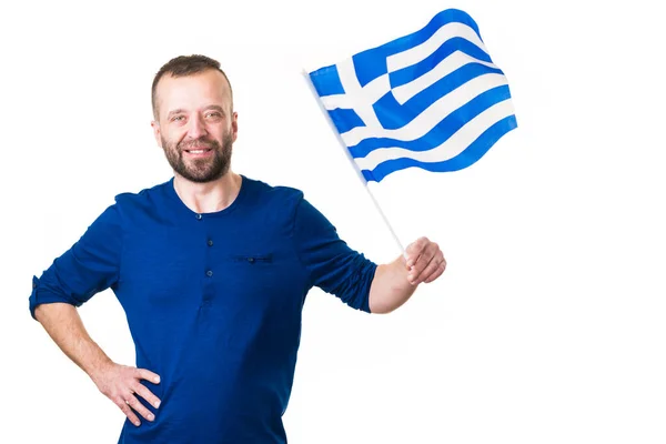 Άνθρωπος Ελληνική Κυματιστή Σημαία Εθνικό Σύμβολο Της Ελλάδας Απομονωμένος Λευκό — Φωτογραφία Αρχείου