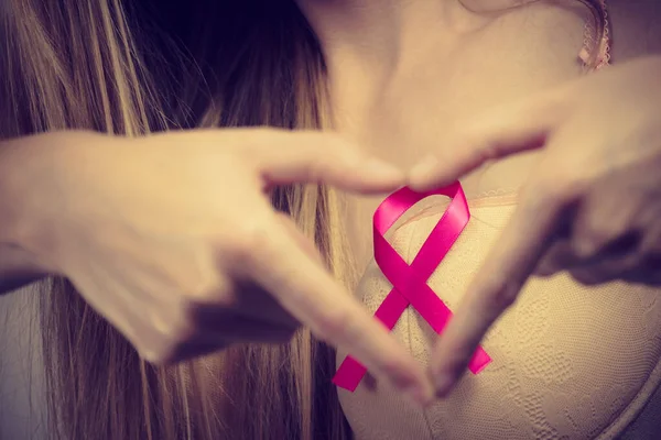 Woman Pink Ribbon Chest Making Heart Shape Her Hands Breast — Stock Photo, Image