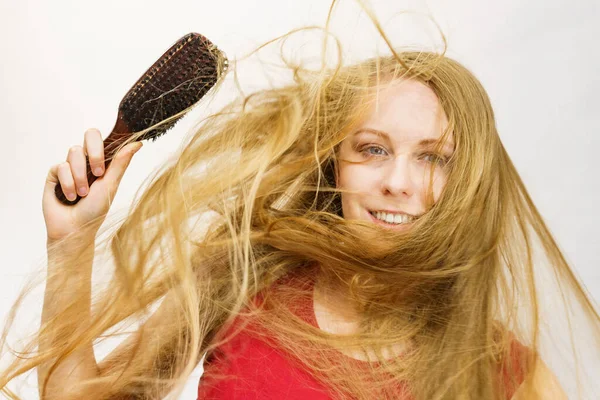 Blonde Girl Long Blowing Hair Holds Brush Natural Bristles Haircare —  Fotos de Stock
