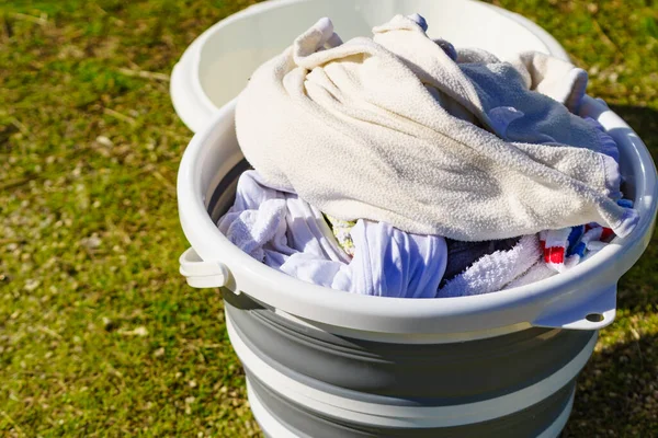 Doing Laundry Vacation Trip Buckets Washing Clothes Outdoors Nature — Stock Photo, Image
