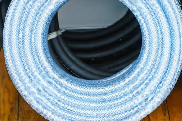 Machines Production Concept Detailed Closeup Blue Flexible Plastic Hose Pipes — Stock Photo, Image