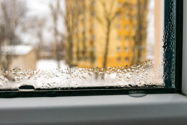 Wet Window Pane Black Mold Plastic Water Condensation Problem Dew — Stock Photo, Image