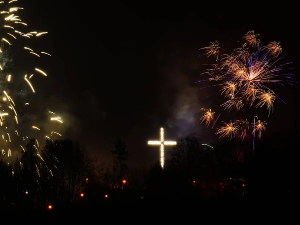 Explosion Feux Artifice Dans Ciel Célébrant Nouvel Dans Ville Gdynia — Photo