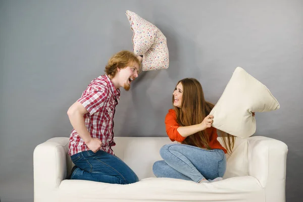 Happy Funny Siblings Couple Having Pillow Fight Fun Enjoying Leisure — Stock Photo, Image