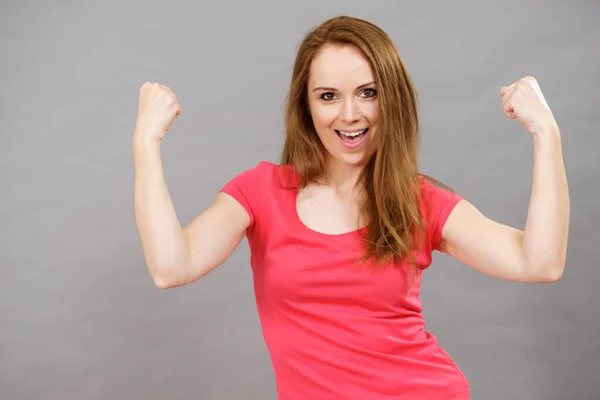 Happy Positive Woman Arms Clenching Fists Joy Female Showing Her — Stock Photo, Image