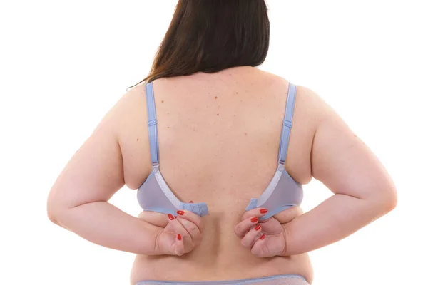 Woman back view putting on her bra lingerie. Stock Photo by