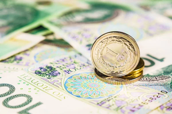 Польська Валюта Згорнути Багато Банкнот Одну Злотих Монету Фінансова Економіка — стокове фото
