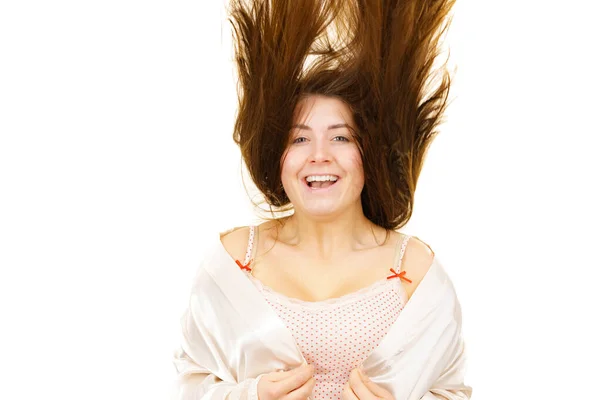 Młoda Kobieta Bieliźnie Twarz Bez Makijażu Długimi Brązowymi Włosami Naturalne — Zdjęcie stockowe