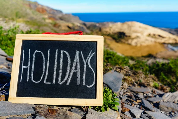 Black Board Word Holidays Spanish Sea Coast Travel Holidays — 图库照片