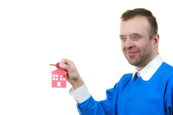 Haushaltsersparnisse Immobilienkonzept Für Den Haushalt Glücklicher Mann Mit Schlüsseln Und — Stockfoto