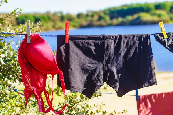 Clothes Hanging Dry Laundry Line Outdoors Camping Holidays Trip — Stock Photo, Image