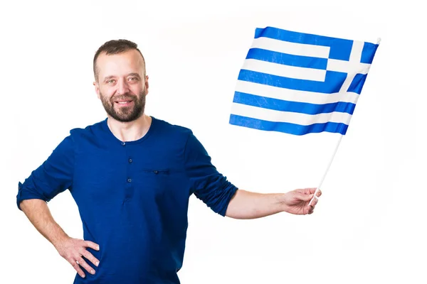 Muž Řeckou Vlající Vlajkou Národní Symbol Řecka Izolovaný Bílém — Stock fotografie