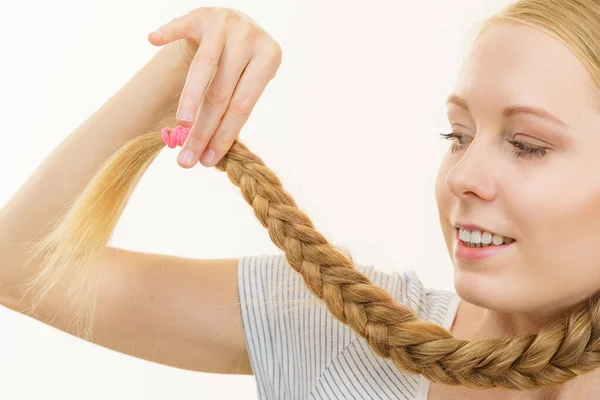 Blonde Young Woman Long Braid Hair Neck Haircare Braided Hairstyles — Stock Photo, Image