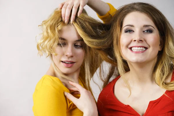 女人和她的女性朋友一起玩长长的浓密的彩色头发 不同的发色 发型和发型 — 图库照片