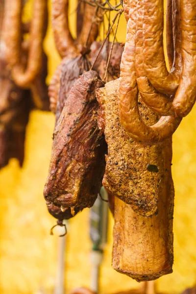Traditional Food Smoked Sausages Ham Meat Hanging Domestic Smokehouse Strings — Stock Photo, Image
