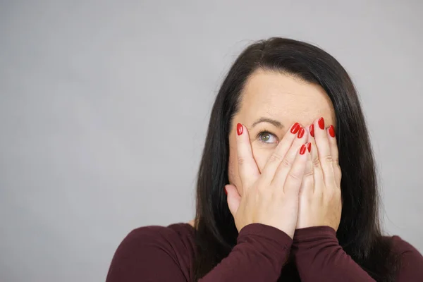 Funny Scared Terrified Adult Woman Peeking Her Fingers Hands Covering — Stock Photo, Image