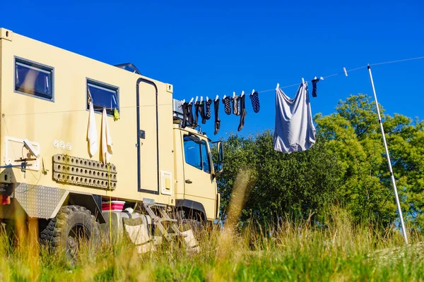 Camping Nature Road Trip Laundry Clothes Hanging Dry Camper Lorry — Stock Photo, Image