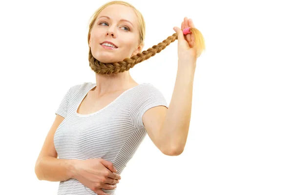 Blonde Girl Long Braid Hair Neck Haircare Hairstyling — Stock Photo, Image