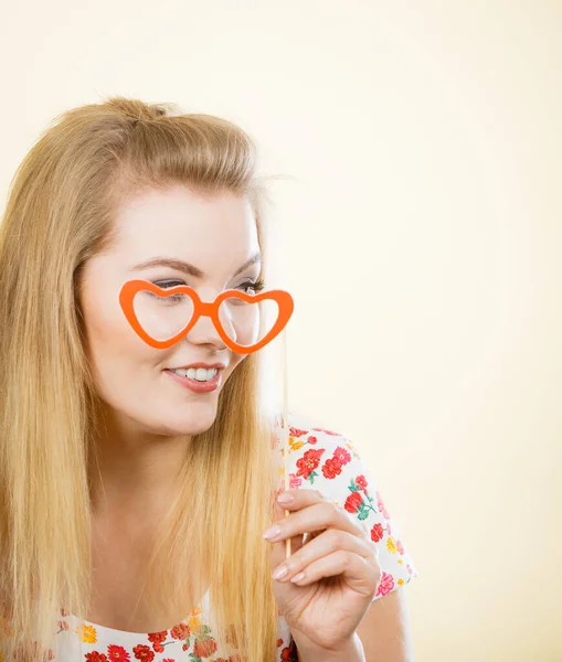 Happy Woman Holding Fake Eyeglasses Stick Having Fun Photo Carnival — Stock Photo, Image