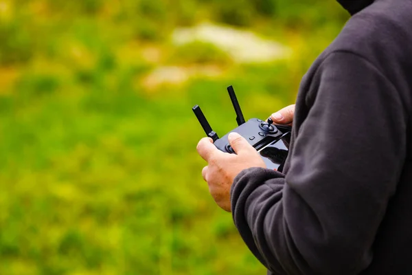 Pilot Stock Photographer Navigating Drone Remote Control Flying High Technology — Stock Photo, Image