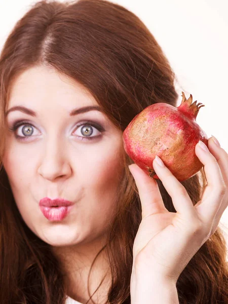 Joyful Young Woman Playing Pomegranate Fruit White Healthy Eating Cancer — Stock Photo, Image
