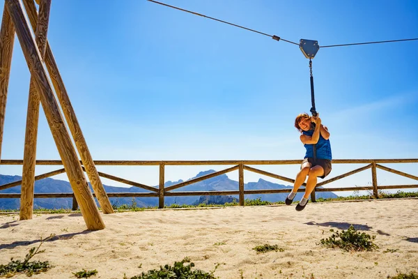 Adult Freedom Woman Tourist Having Fun Zipline Descend Rope Cable — Stock Photo, Image