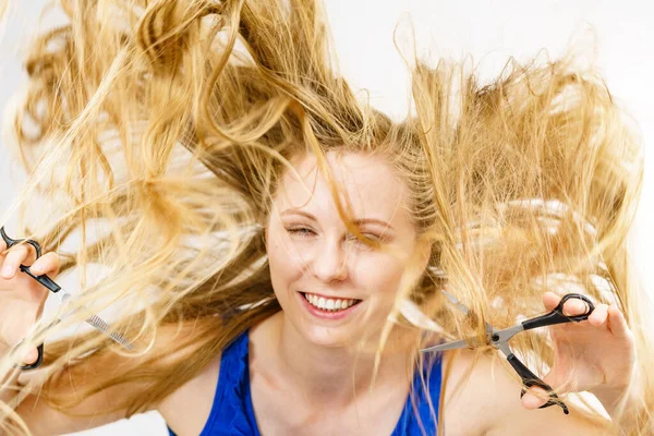 Girl Blowing Long Blonde Hair Holding Scissors Showing Work Tools — Stock Photo, Image