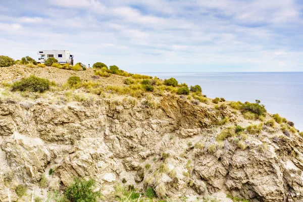 Camper Car Camping Cliff Cala Mochuela Spanish Landscape Almeria Coast — Stock Photo, Image