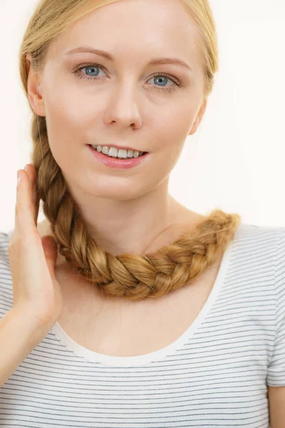 Blonde Girl Long Braid Hair Neck Haircare Hairstyling — Stock Photo, Image