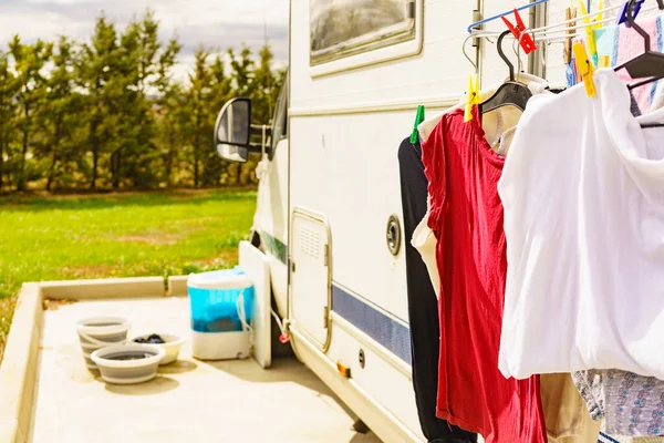 Clothes Clean Washing Laundry Hanging Dry Clothesline Outdoor Caravan Bowls — Stock Photo, Image