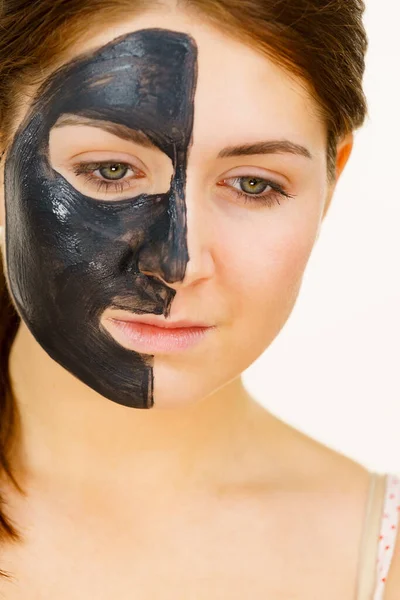 Skin Care Woman Charcoal Facial Mask Deep Cleanser Half Face — Stock Photo, Image
