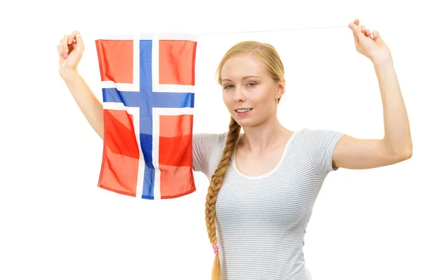 Светловолосая Девушка Норвежским Флагом Персоналии Скандинавия — стоковое фото