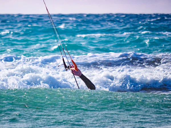 Kiteboarding Hand Kite Surfer Sea Waves Sports Activity Kitesurfing Action — Stock Photo, Image