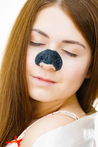 Woman Charcoal Strip Nose Remover Mask Blackheads Cleaning Girl Taking — Stock Photo, Image