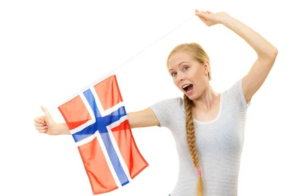 Cabelo Trança Menina Loira Com Bandeira Norueguesa Escandinavos — Fotografia de Stock