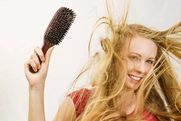 Blonde Girl Long Blowing Hair Holds Brush Natural Bristles Haircare — Stok fotoğraf