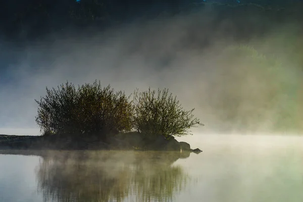Foggy Morning Landscape Fog Autumn Lake Water Povoa Meadas Dam — Stock Photo, Image