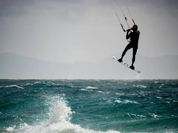 Kiteboarding Kite Surfer Rides Waves Tarifa Spain Sports Activity Kitesurfing — Foto Stock