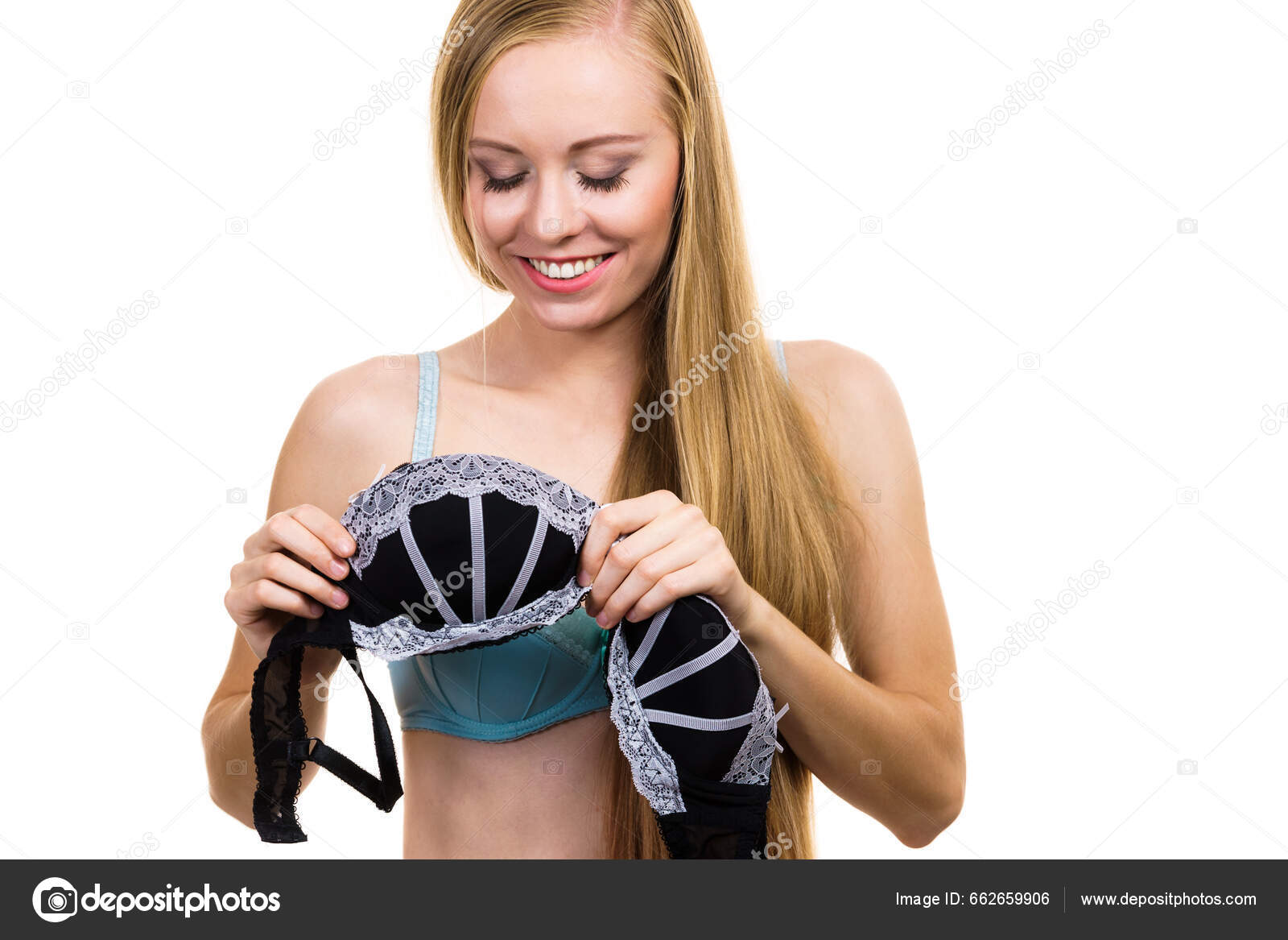 Young Blonde Woman Trying Black Bra White Lace Bra Has Stock Photo