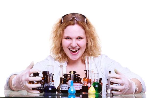 Wissenschaft Und Bildung Wissenschaftler Schullabor Mädchen Mit Vielen Chemiegläsern Student — Stockfoto