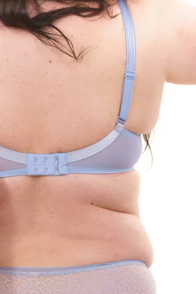 Tlustá Žena Podprsence Zadní Pohled Detaily Spouště Velikost Nadváhy Samice — Stock fotografie
