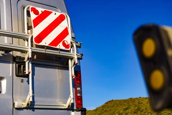 Caravan Recreational Vehicle Rack Back Rear Warning Striped Sign White — Stock Photo, Image