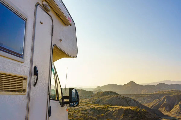 Caravan Vehicle Camping Nature Mountains Tabernas Desert Almeria Province Andalusia — Stock Photo, Image