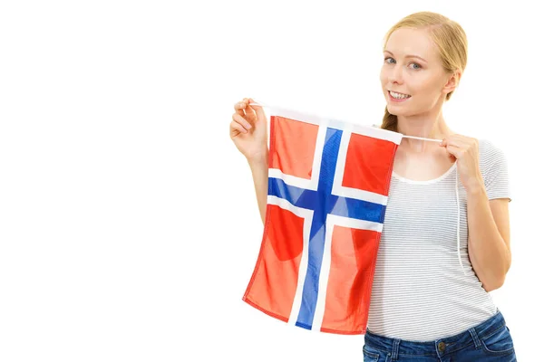 Menina Adolescente Loira Segurando Bandeira Norueguesa Educação Aprendizagem Línguas — Fotografia de Stock